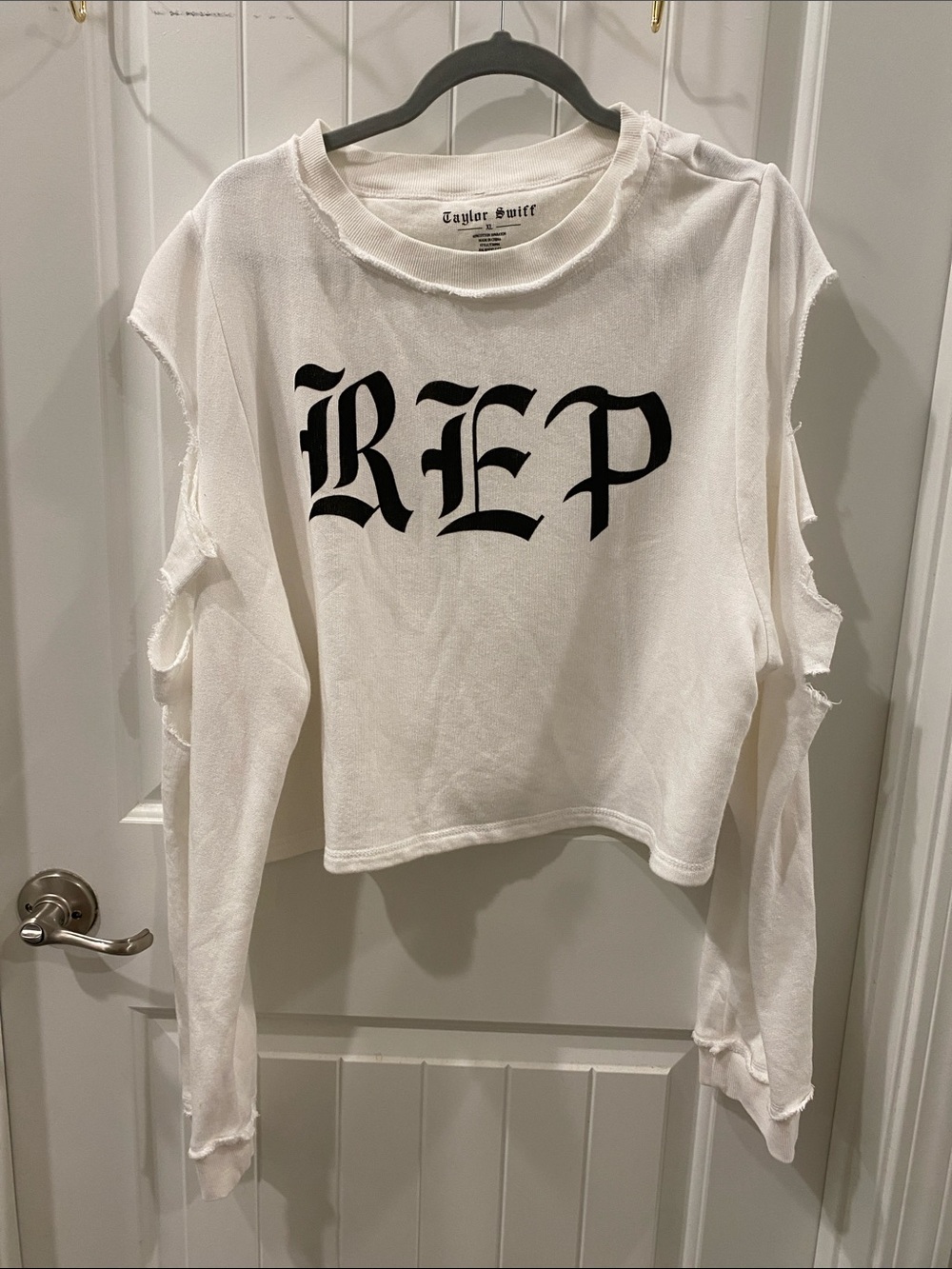 Taylor Swift White Distressed 'REP' Long Sleeve Sweatshirt Reputation